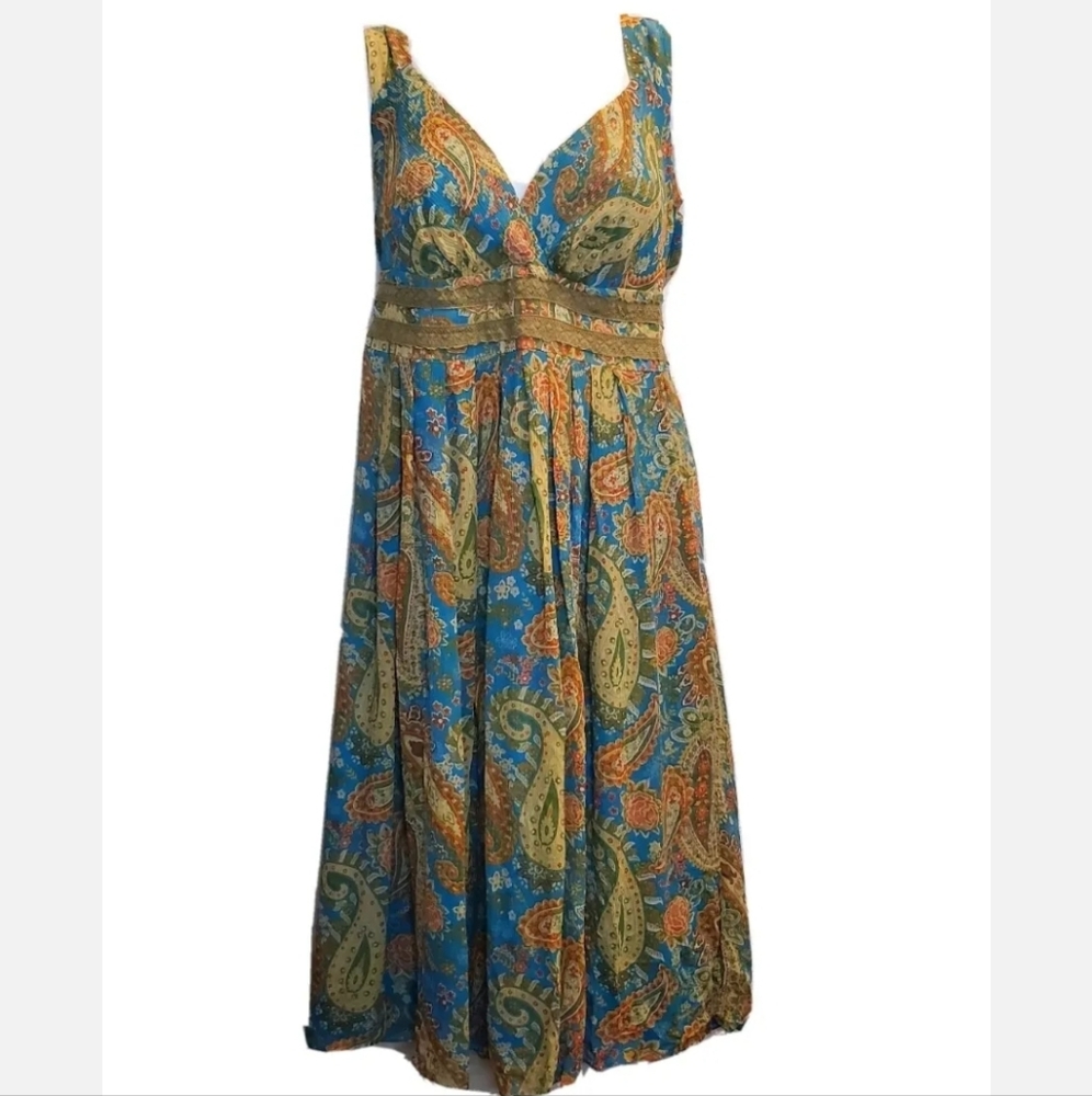 Sundance 100% Silk Chiffon Paisly Blue Green Silk Lined Empire Waist Dress Size4